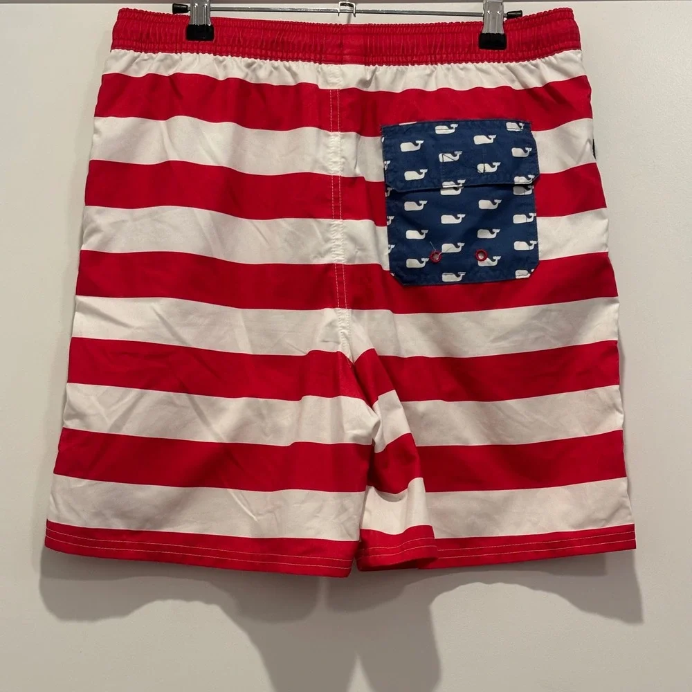 Vineyard Vines Boys XL 18 Swim Trunks American Flag Whale Red White Blue Shorts